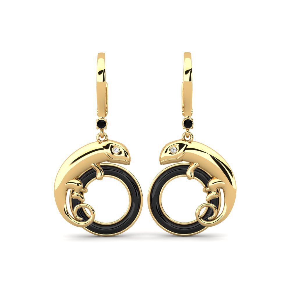 Ouro Amarelo 14K Ônix Negro Brincos Feminino Yandell