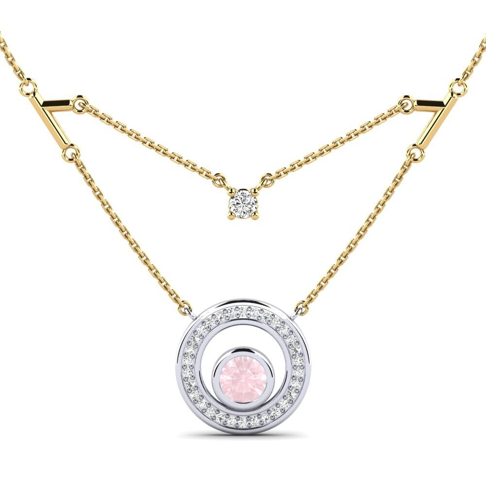14k Oro Amarillo & Blanco Cuarzo rosa Collar de Mujer Yousra