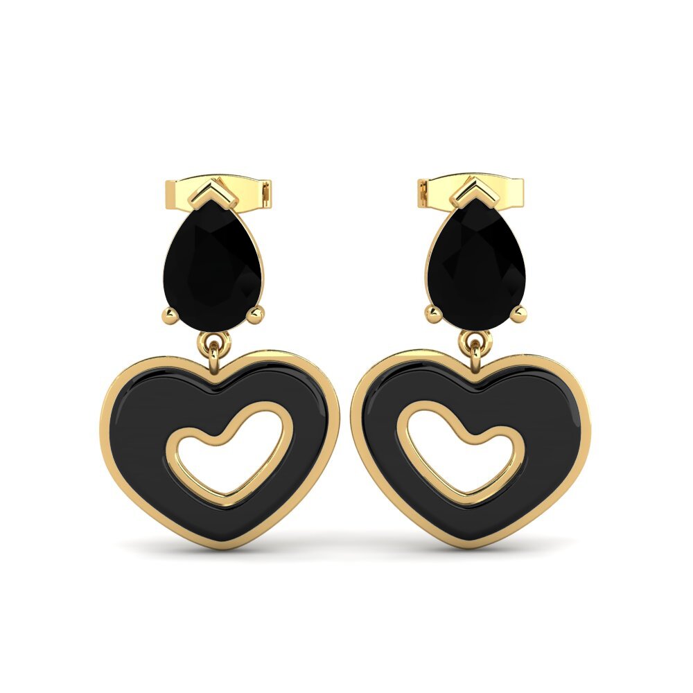 Ouro Amarelo 14K Ônix Negro Brincos Feminino Zerby