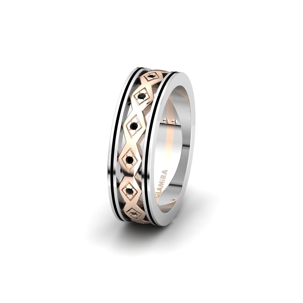 14ct White & Rose Gold Black Diamond Women's Wedding Ring Glamorous Spring 6 mm
