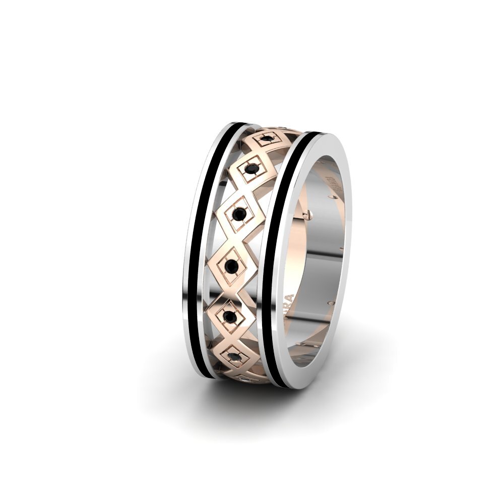 14ct White & Rose Gold Black Diamond Women's Wedding Ring Glamorous Spring 8 mm