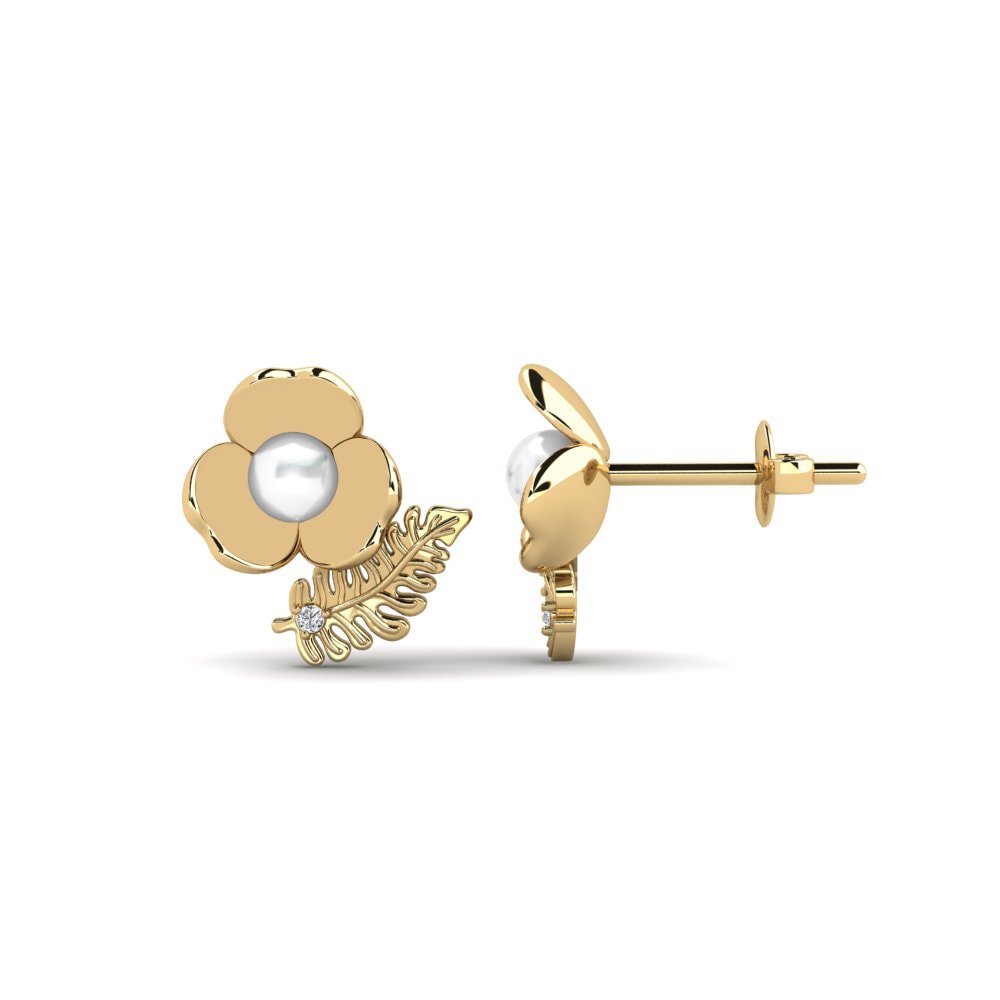 Round 0.016 Carat Cultured Pearls Lab Grown Diamond 14k Yellow Gold Women's Earring Licensed