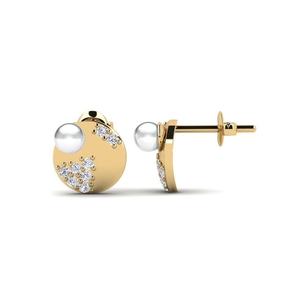 Round 0.288 Carat Cultured Pearls Lab Grown Diamond 14k Yellow Gold Women's Earring Castranma