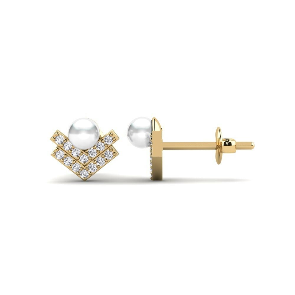 Round 0.224 Carat Cultured Pearls Lab Grown Diamond 14k Yellow Gold Women's Earring Mitake