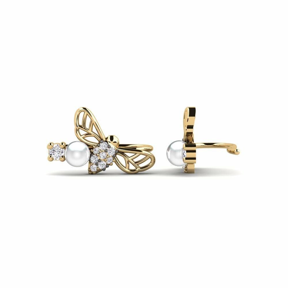 Round 0.14 Carat Cultured Pearls Lab Grown Diamond 14k Yellow Gold with Black Rhodium Women's Earring Kifisoave