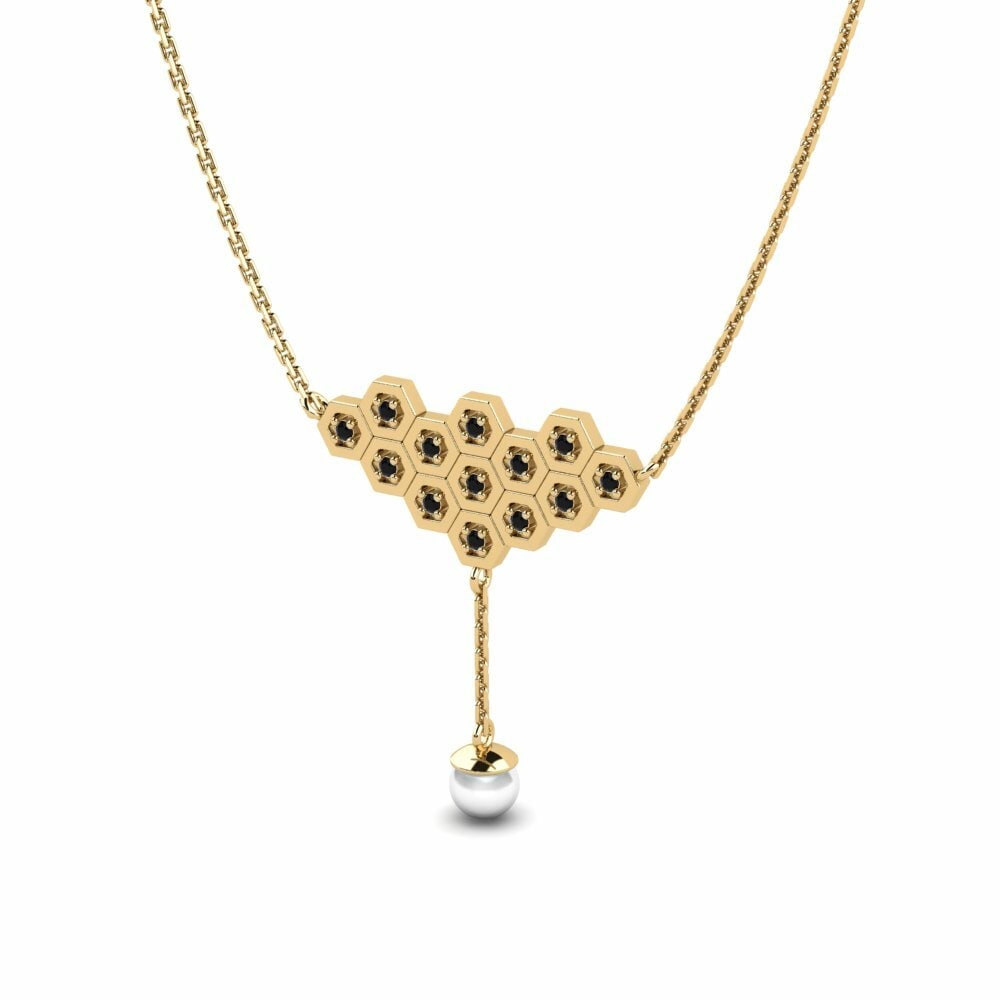 Round 0.104 Carat Cultured Pearls Black Diamond 14k Yellow Gold Women's Necklace Riankour