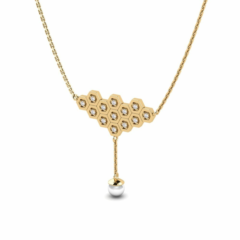 Round 0.104 Carat Cultured Pearls Moissanite 14k Yellow Gold Women's Necklace Riankour