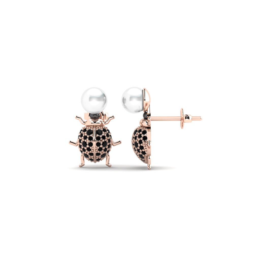 Round 0.216 Carat Cultured Pearls Black Diamond 14k Rose Gold with Black Rhodium Women's Earring Pangaion