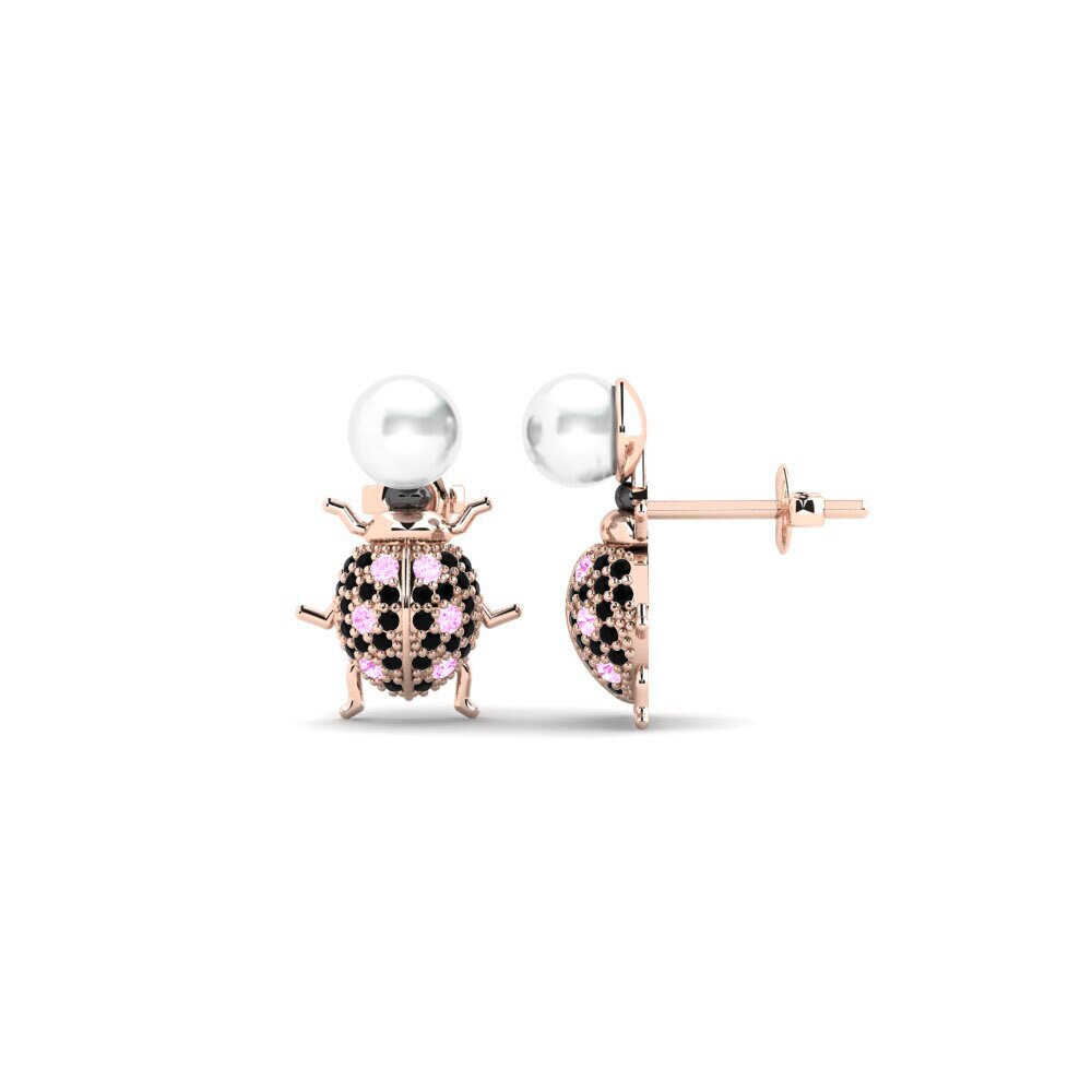 Round 0.216 Carat Cultured Pearls Pink Sapphire 14k Red Gold with Black Rhodium Women's Earring Pangaion