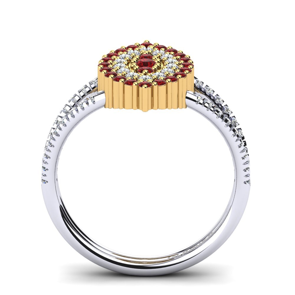 Ouro Amarelo Branco 14K Zircônia Vermelha Anel Caresse