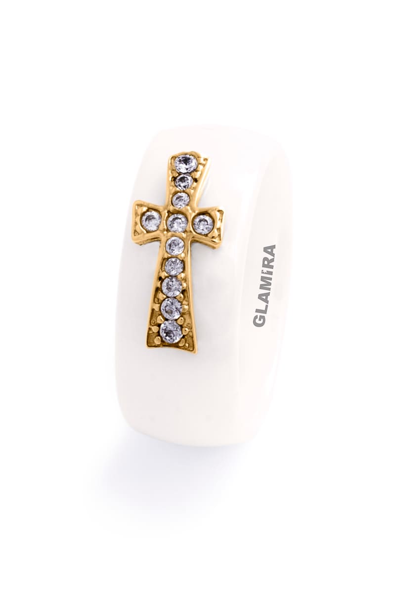 Keramik / Weiß-Gelbgold 585 Labor-gezüchteter Diamant Damen trauring Ceramic Cross