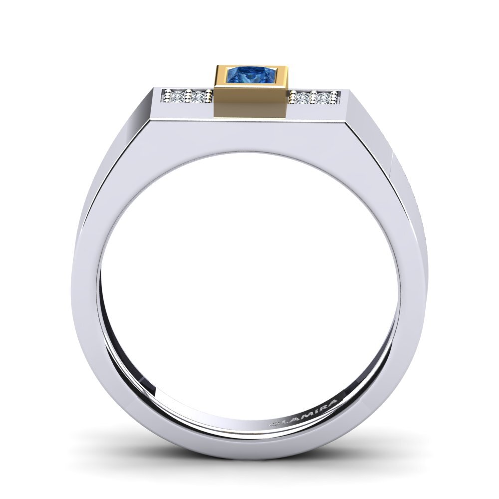 Oro Bianco & Giallo 585 Zircone Blu Scuro Anello da uomo Cledwyn