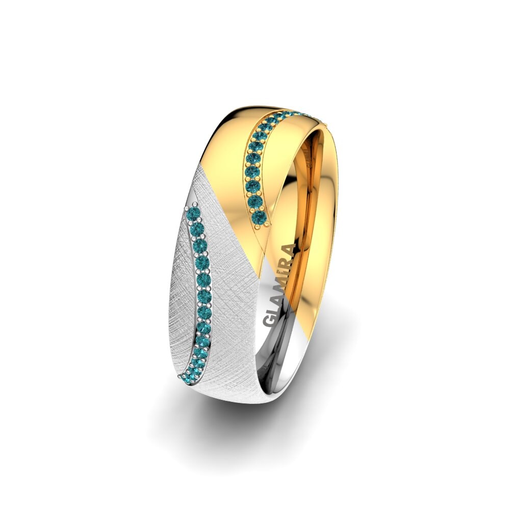 18ct White & Yellow Gold Blue Diamond Women's Wedding Ring Glamour Kiss 6 mm