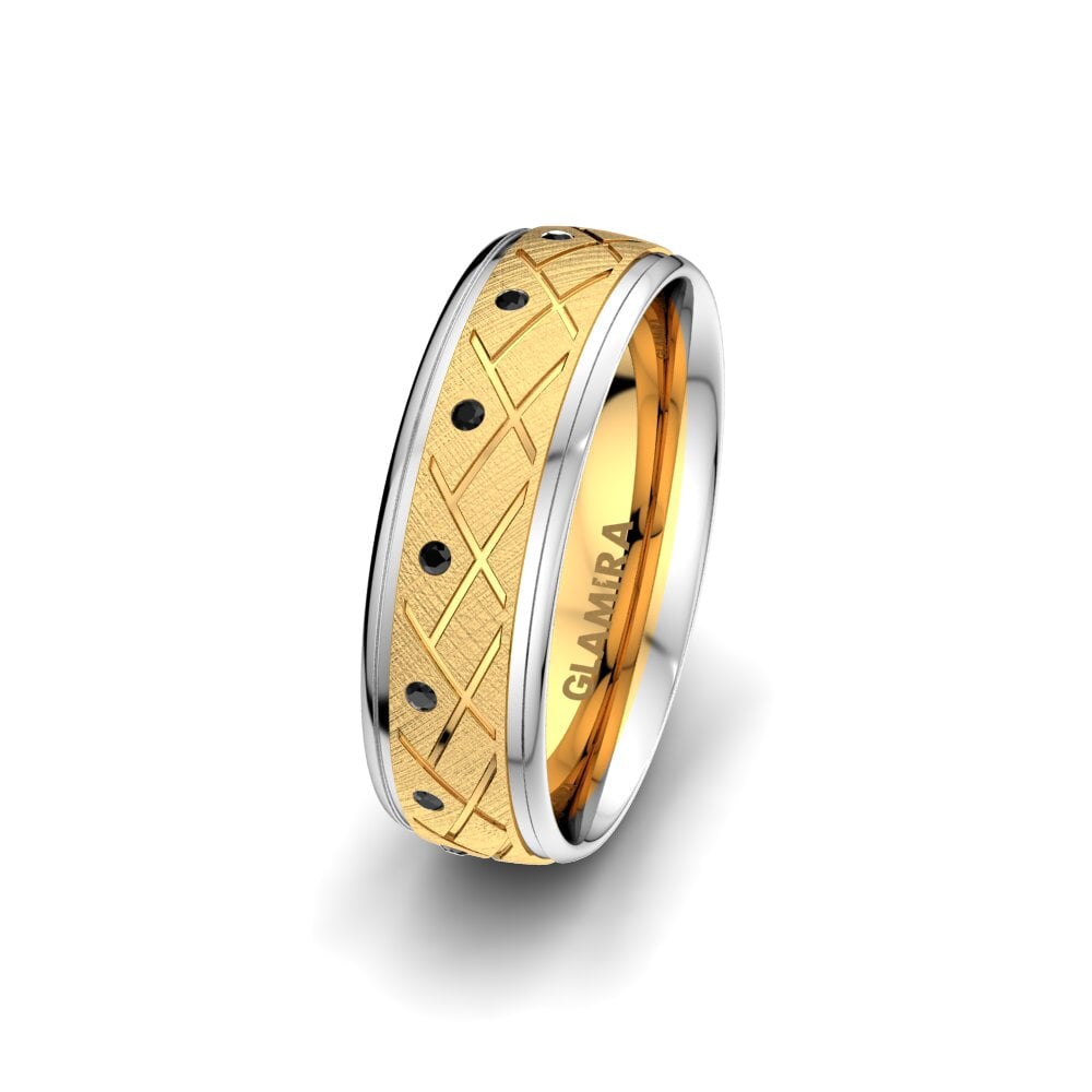 18ct Yellow & White Gold Black Sapphire Women's Wedding Ring Florid Cross 6 mm