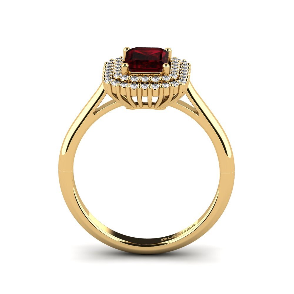 9ct Yellow Gold Emerald Cut Garnet Engagement Ring Hobnailed