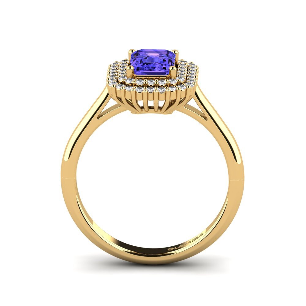 14ct Yellow Gold Emerald Cut Tanzanite Engagement Ring Hobnailed