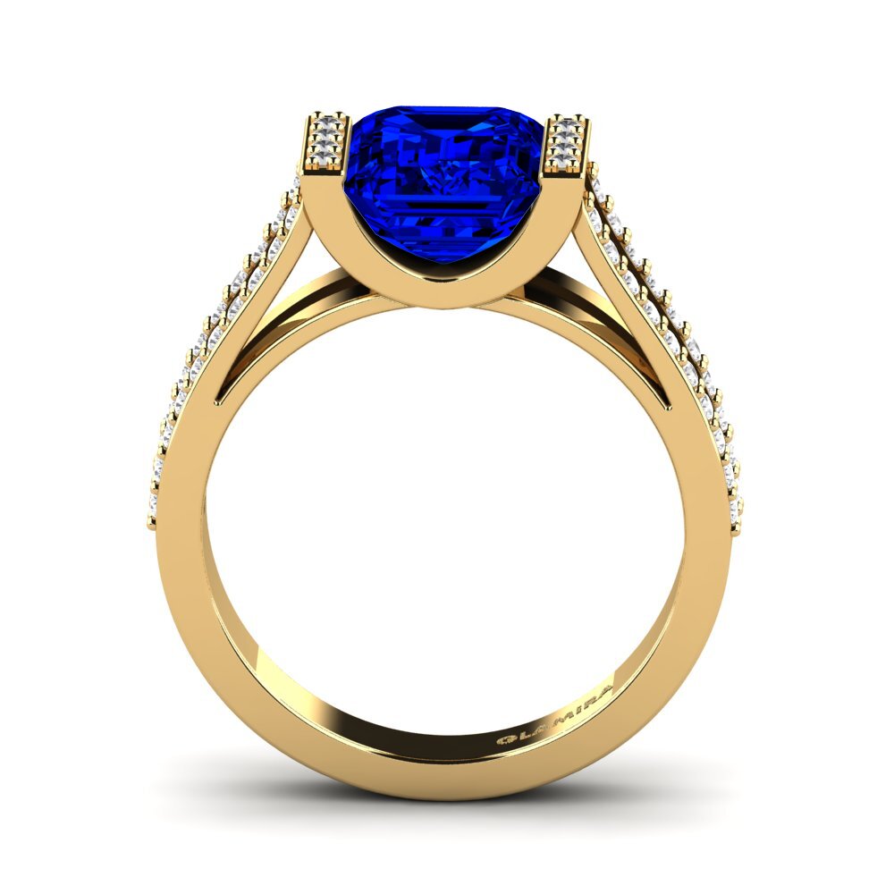 14k Oro Amarillo Safiro (Creado en Laboratorio) Anillo de compromiso Trinetta