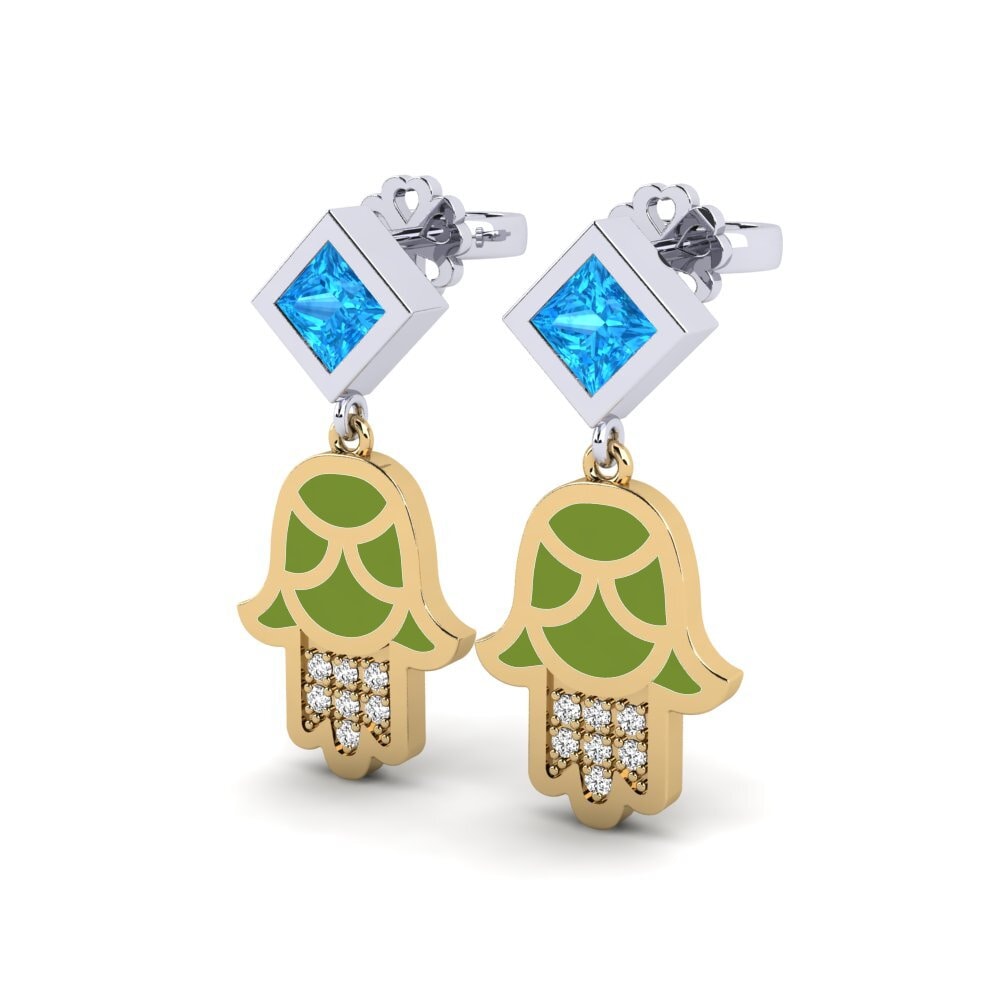 14k Oro Amarillo & Blanco Topacio azul Pendiente de mujer Toukchet