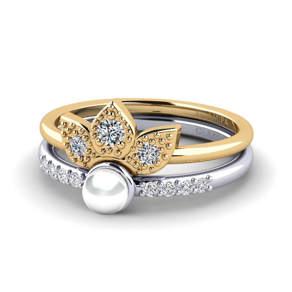 9k Oro Amarillo & Blanco Circonita Anillo apilable Wlang - Set