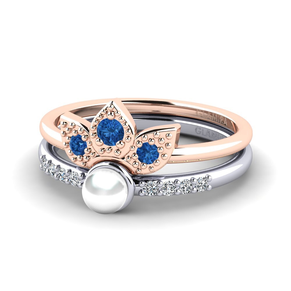Bagues Or Rose& Blanc 18k Zircone Bleu Foncé Stackable
