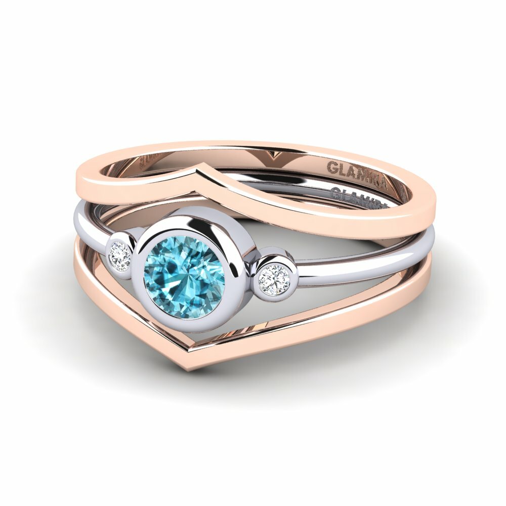 Bagues Or Rose& Blanc 18k Zircon Bleu Stackable