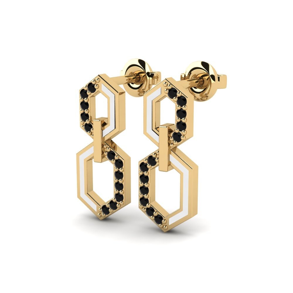 14ct Yellow Gold Round Black Onyx Women's Earring Asht