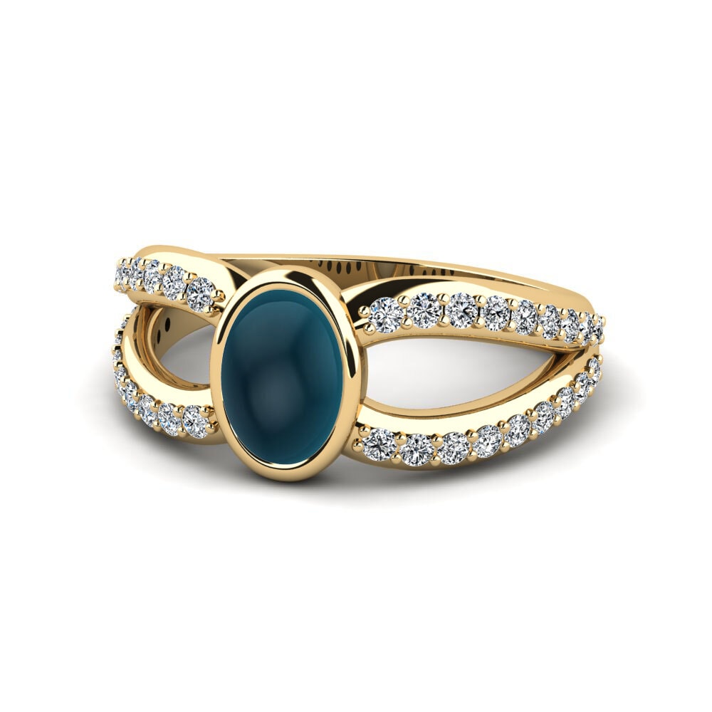 14k Oro Amarillo Cabochon Oval Topacio azul de Londres (Creado en Laboratorio) Anillo Geseddo