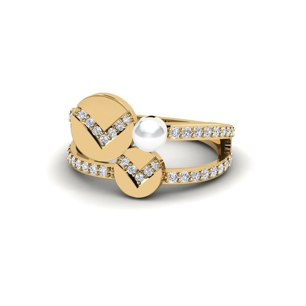 Round 0.096 Carat Cultured Pearls Diamond 14k Yellow Gold Ring Salm