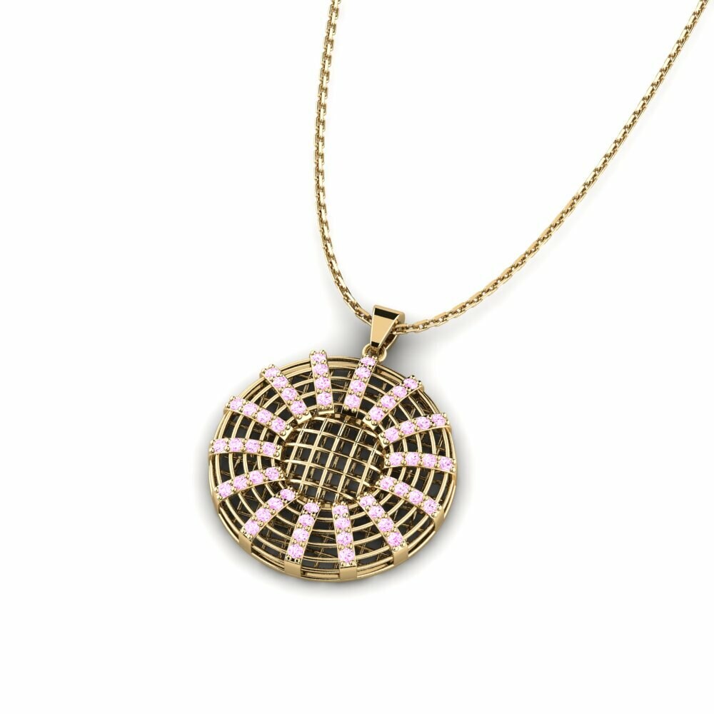 14K Geel Goud Rond Roze Saffier Dames Hanger Alyanc