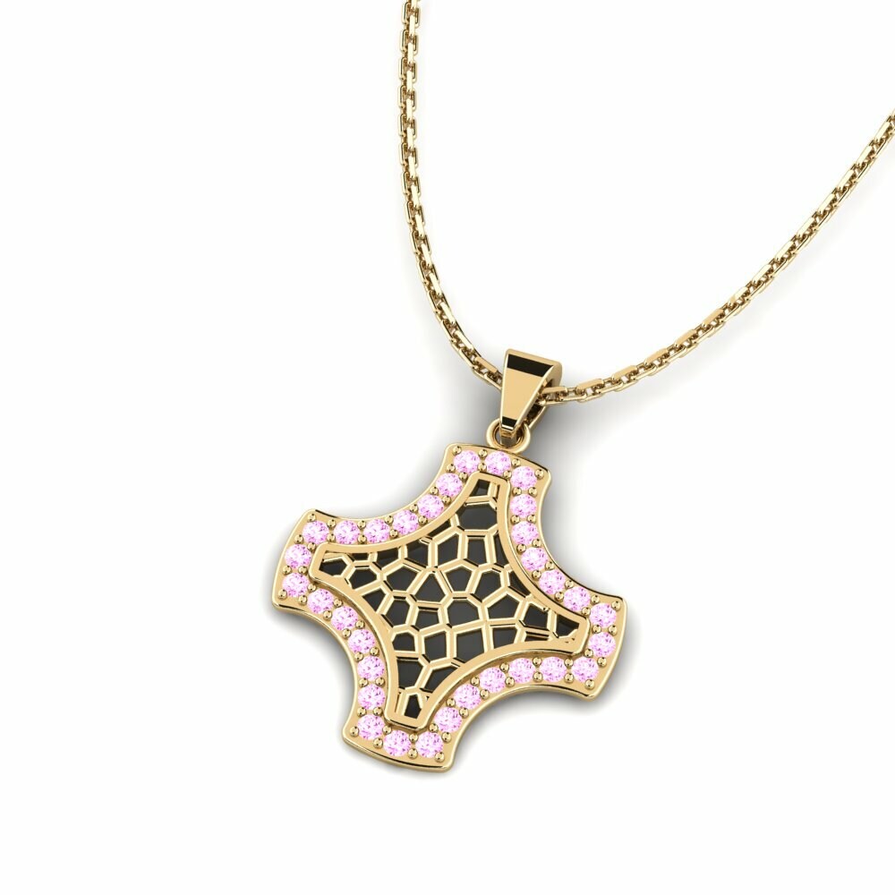 14K Geel Goud Rond Roze Saffier Dames Hanger Aweing