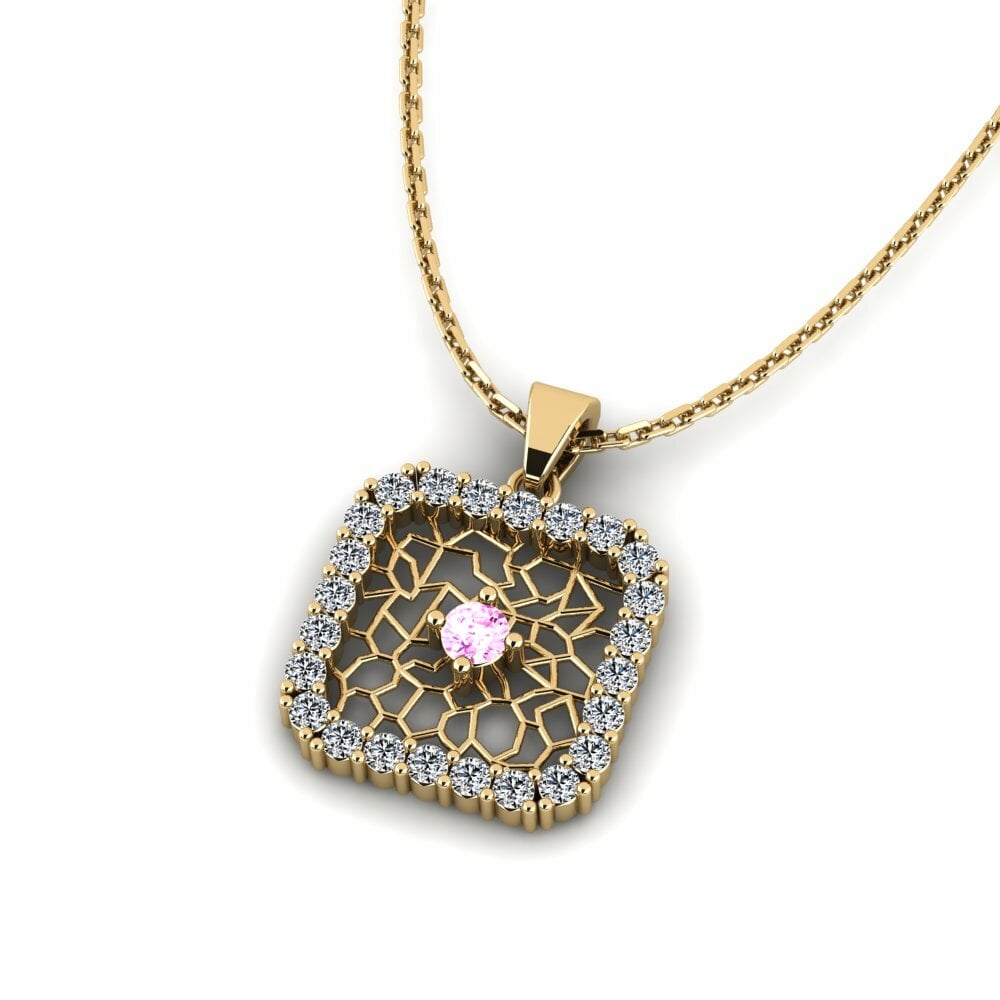 14K Geel Goud Rond Roze Saffier Dames Hanger Brehat