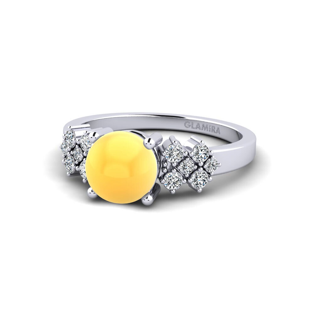 18k Oro Blanco Citrino Cabujón Anillo de compromiso List - Cabochon Round
