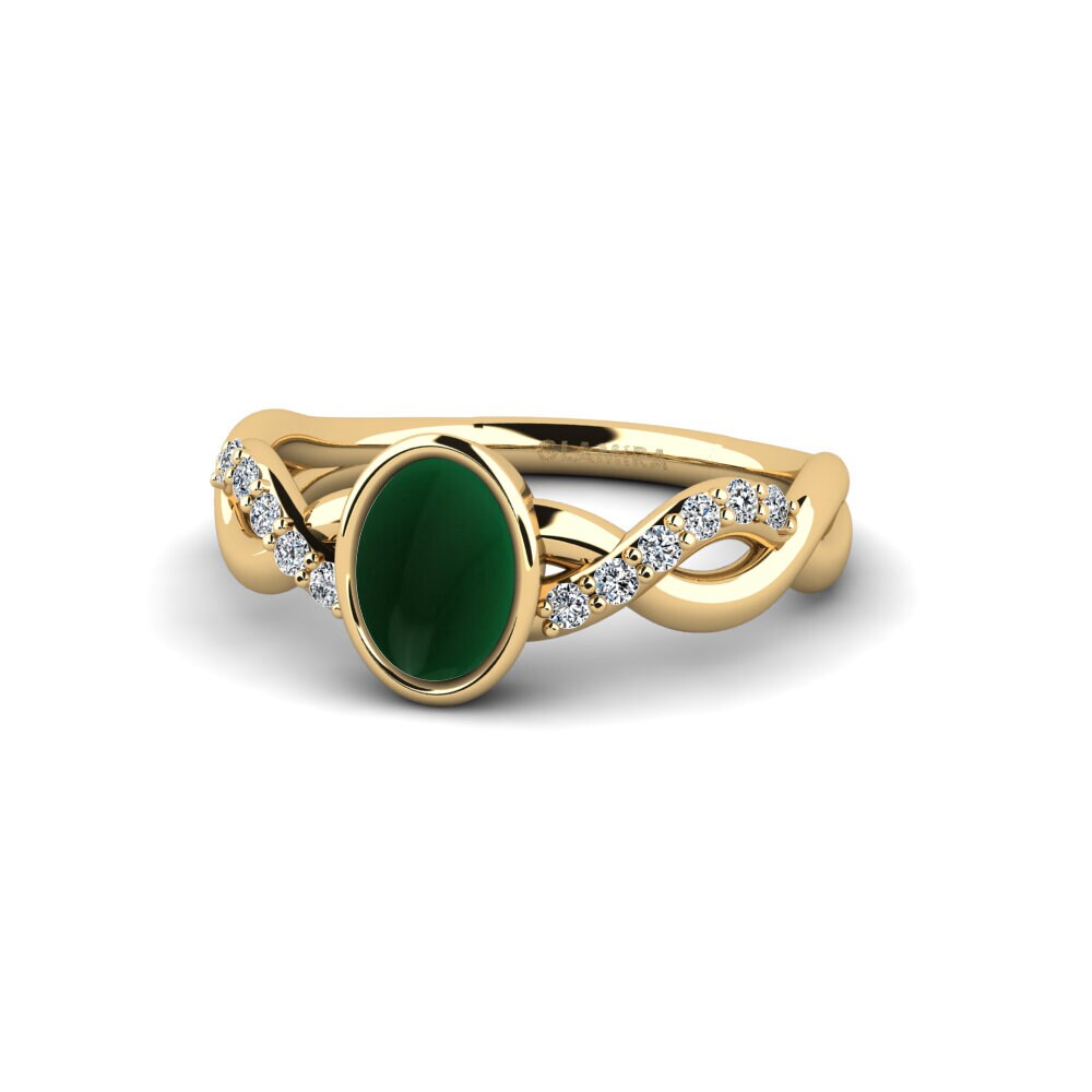 Bagues Or Jaune 18k Émeraude Cabochon Solitaire Pavé