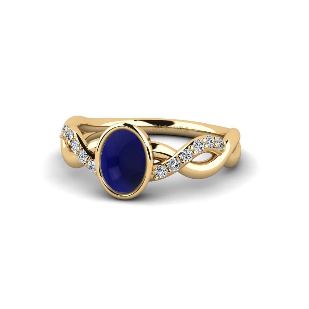Bagues Or Jaune 18k Saphir Cabochon Solitaire Pavé