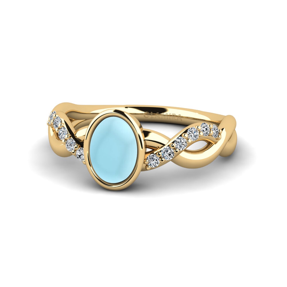 Solitaire Pave Cabochon Aquamarine 14ct Yellow Gold Rings