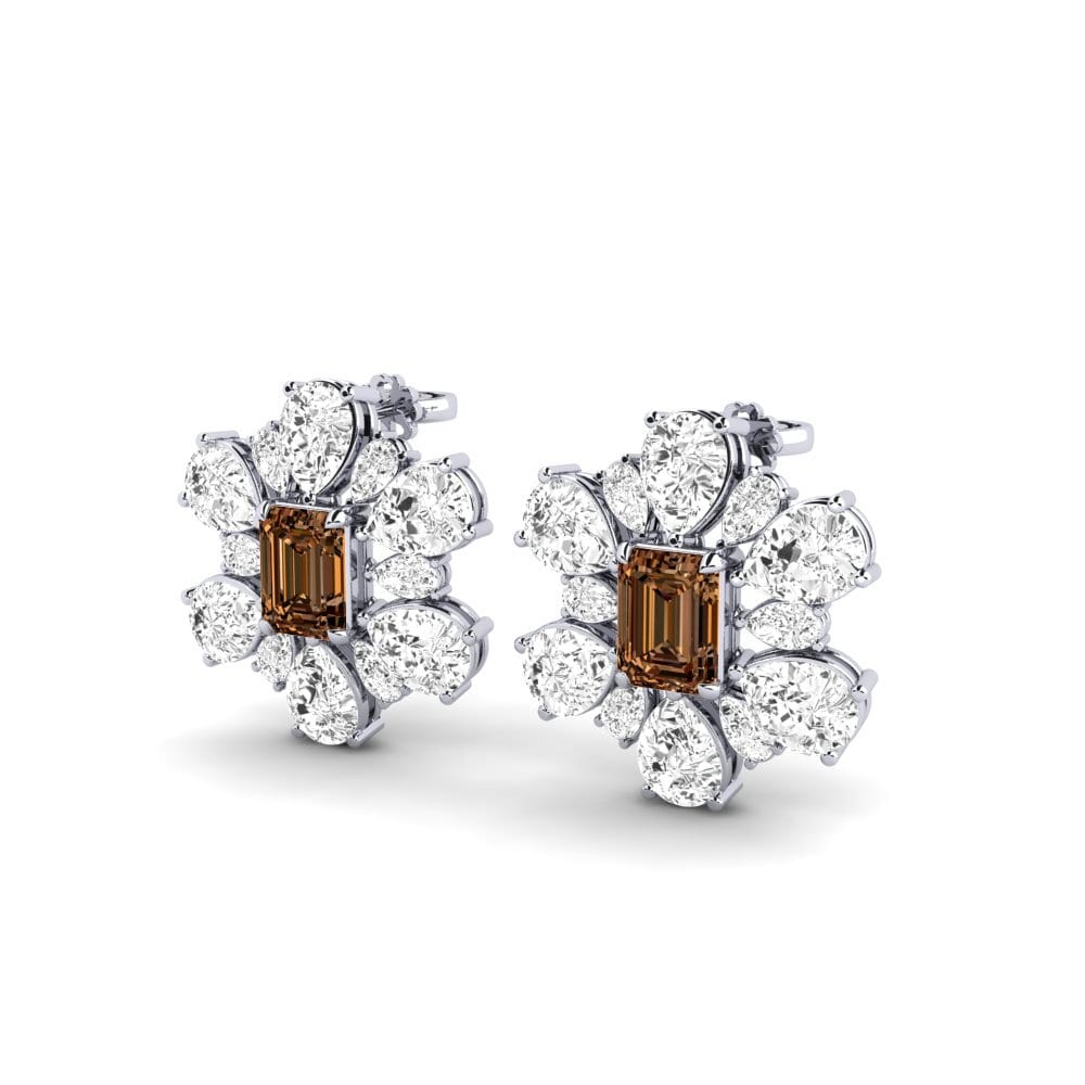 18k Oro Blanco Diamante Marrón Pendiente de mujer Poplava