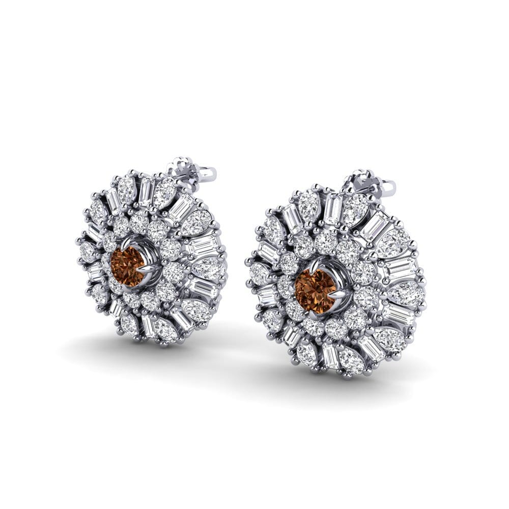 18k Oro Blanco Diamante Marrón Pendiente de mujer Pua