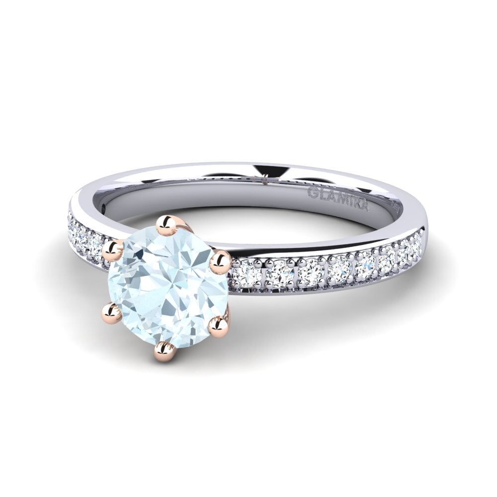 Anillos 14k Oro Blanco / Rosa Aguamarina Solitario Pavé