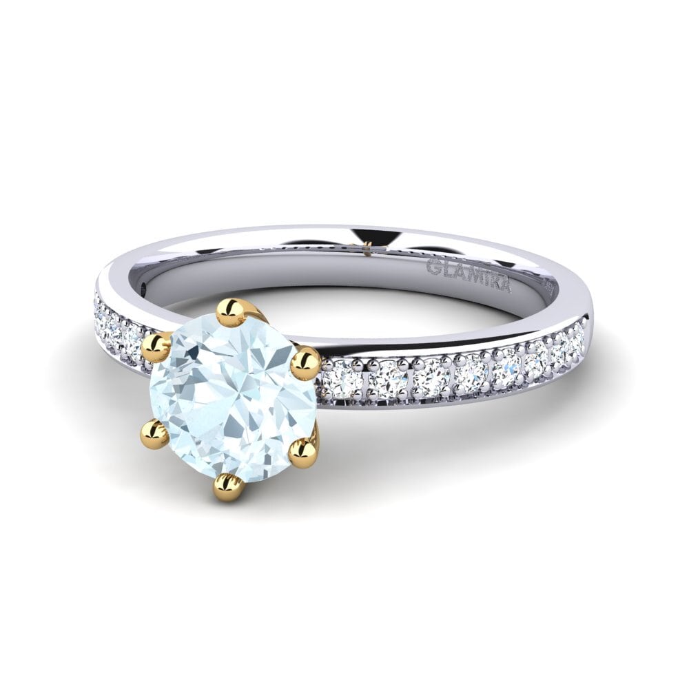 Anillos 14k Oro Blanco / Amarillo Aguamarina Solitario Pavé