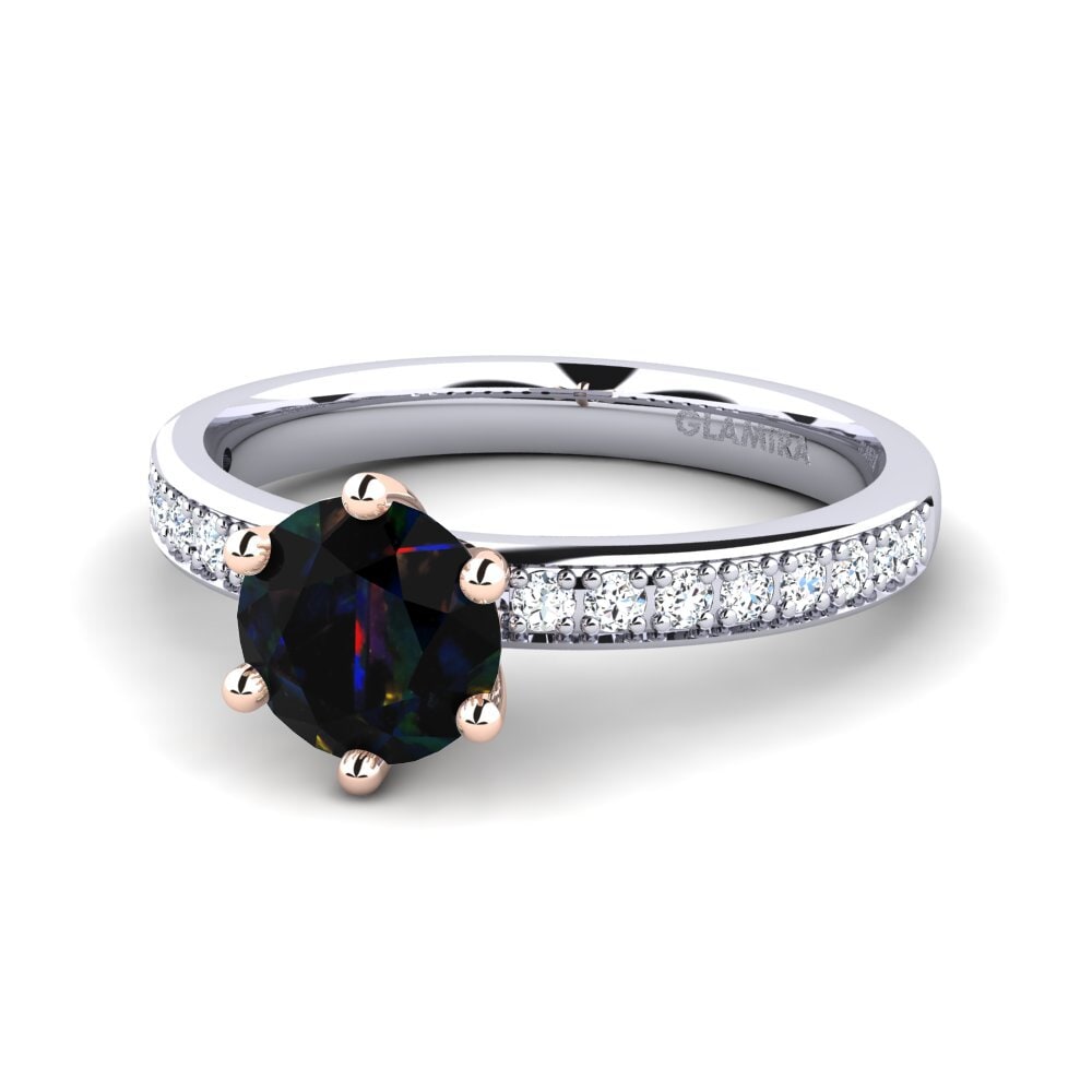 Solitaire Pave Black Opal 14ct White & Rose Gold Engagement Rings