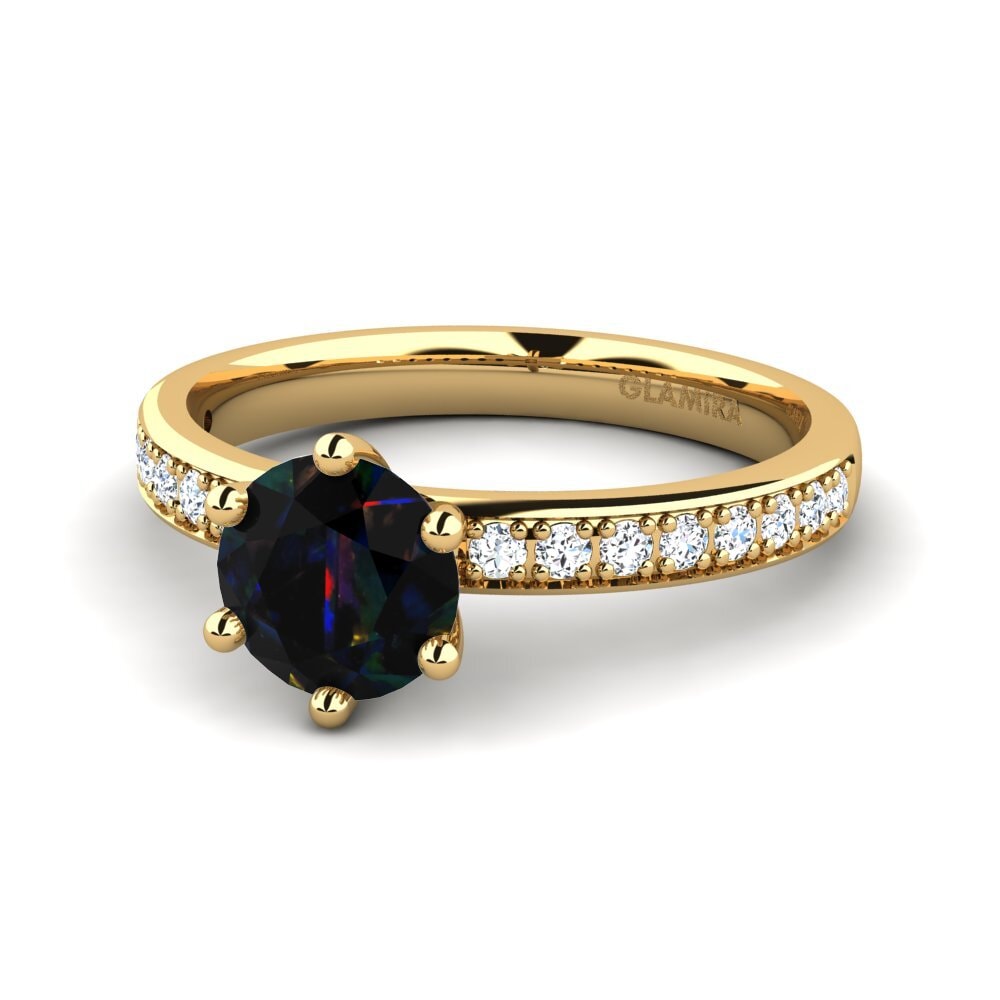 Solitaire Pave Black Opal 9ct Yellow Gold Rings