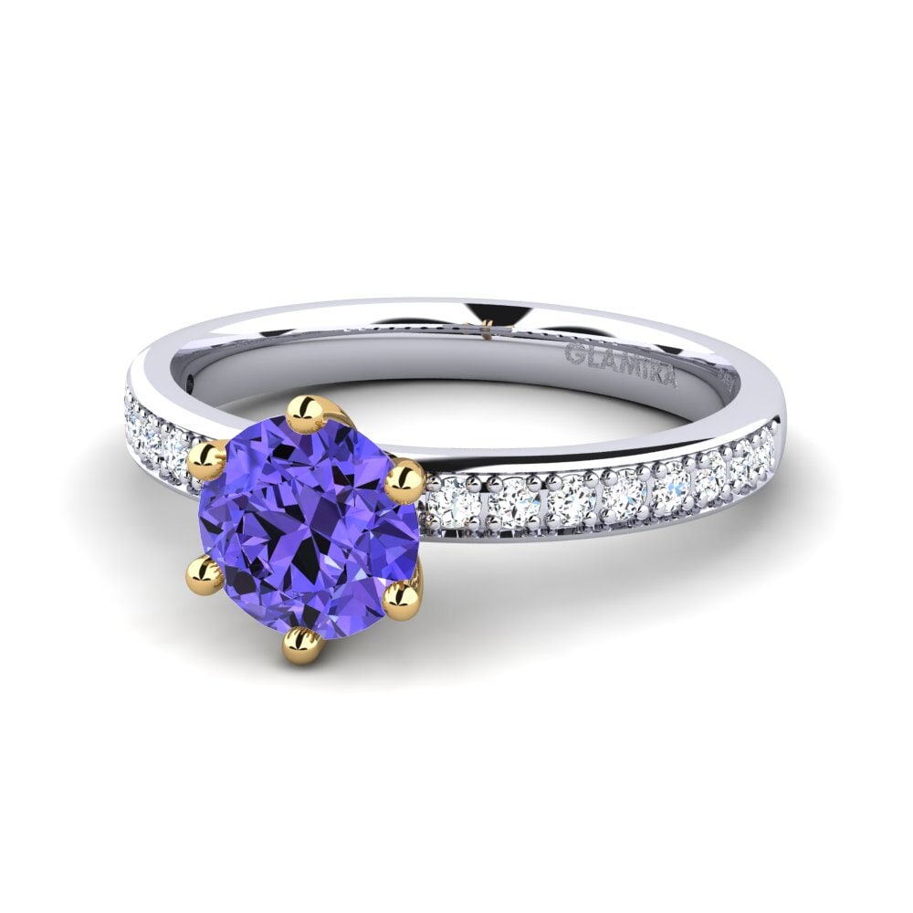 Solitaire Pave Tanzanite 14ct White & Yellow Gold Engagement Rings