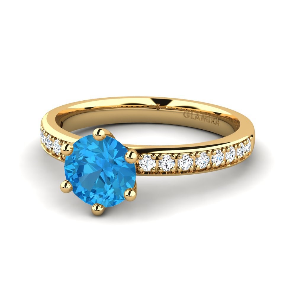 Solitaire Pave Blue Topaz 9ct Yellow Gold Rings