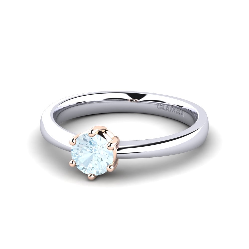 Anillos 14k Oro Blanco / Rosa Aguamarina Solitario Clásico