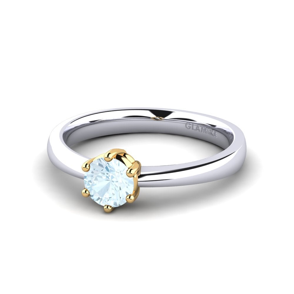 Anillos 14k Oro Blanco / Amarillo Aguamarina Solitario Clásico