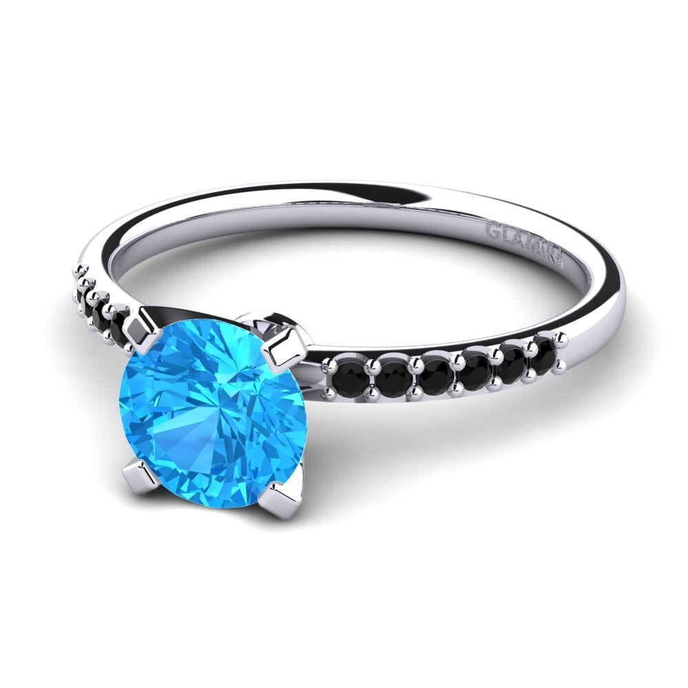 18k Oro Blanco Topacio azul Anillo de compromiso Cadence