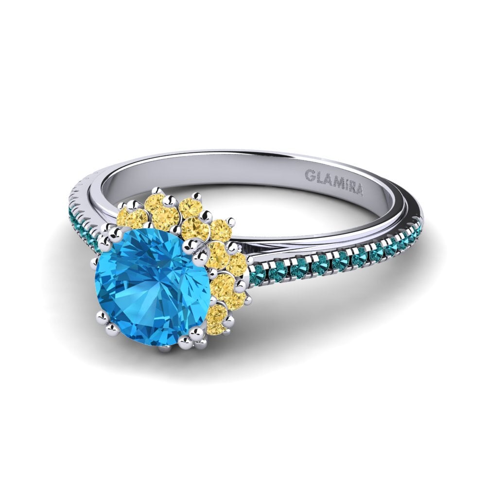 18k Oro Blanco Topacio azul Anillo de compromiso Daffney 1.0 crt