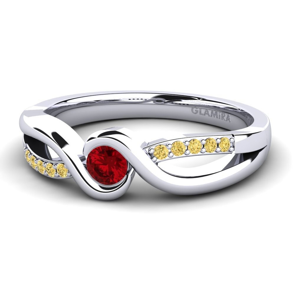 18k Oro Blanco Circonita Roja Anillo de compromiso Dahlia