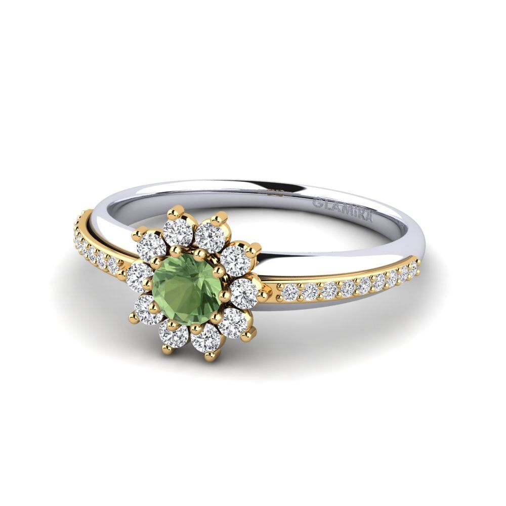 14k Oro Blanco & Amarillo Zafiro Verde Anillo de compromiso Rutorte