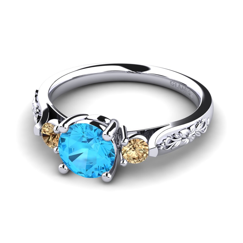 18k Oro Blanco Topacio azul Anillo de compromiso Saundria